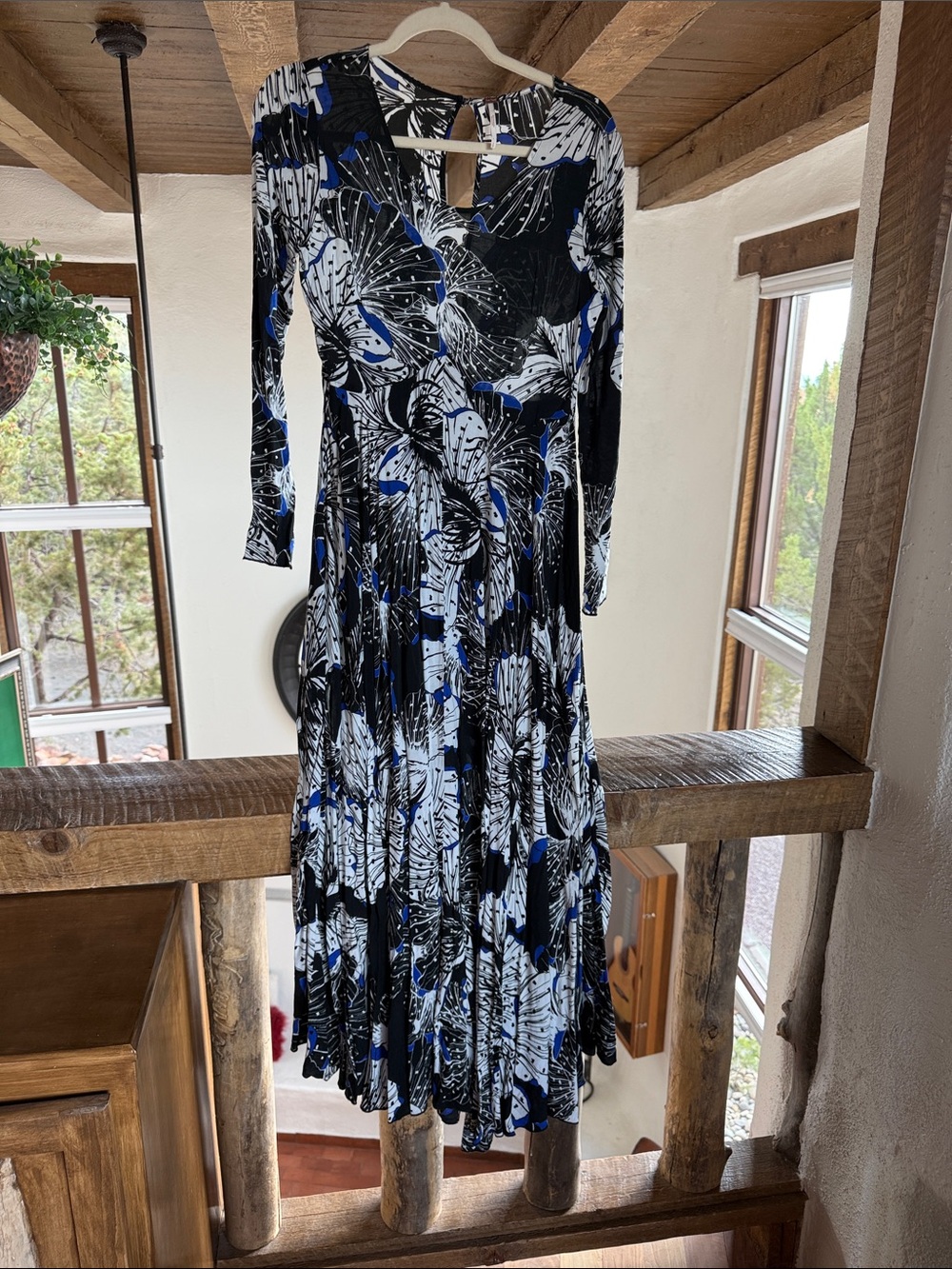 Free People Black & White Floral Long Sleeve Midi Dress with Blue Details